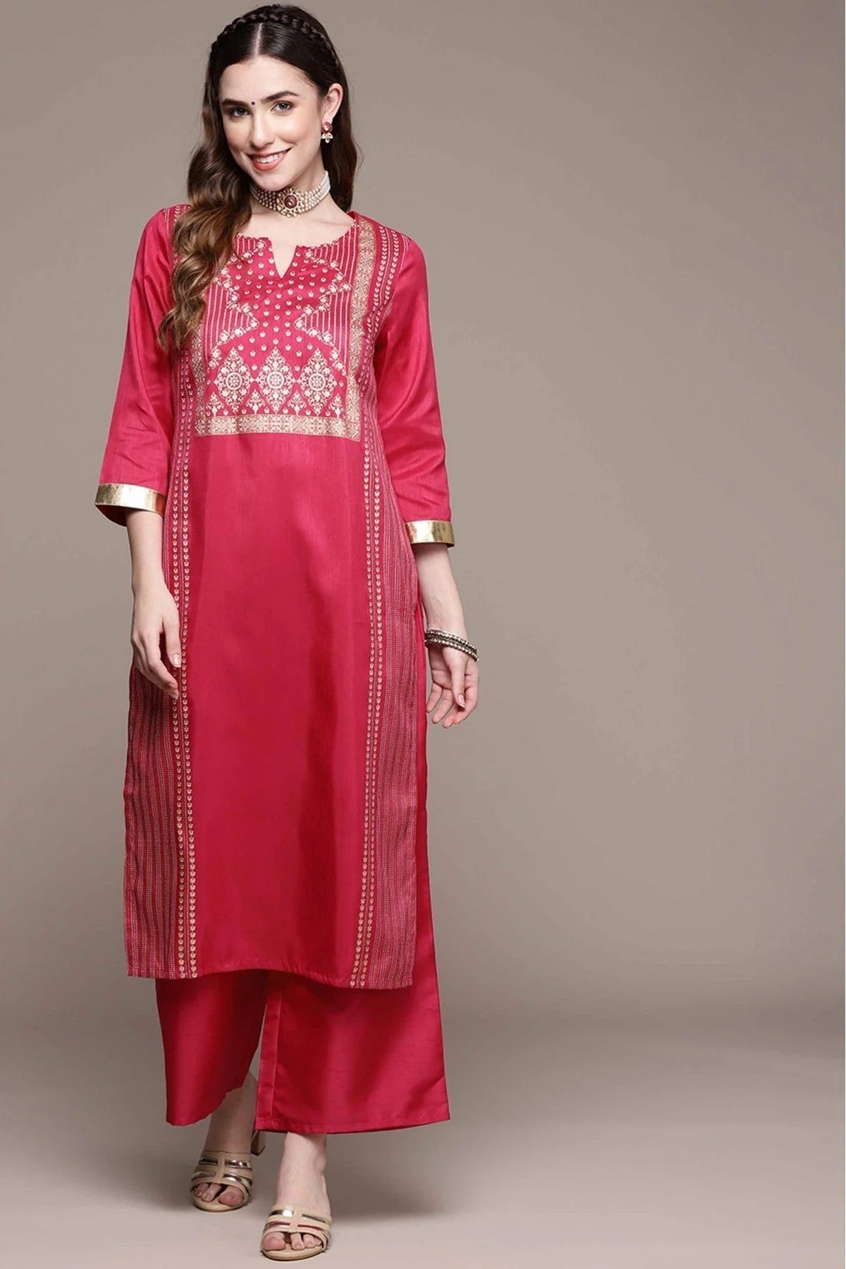 Pink Colour Poly Silk Foil Print Kurta With Palazzo KR1060029 A