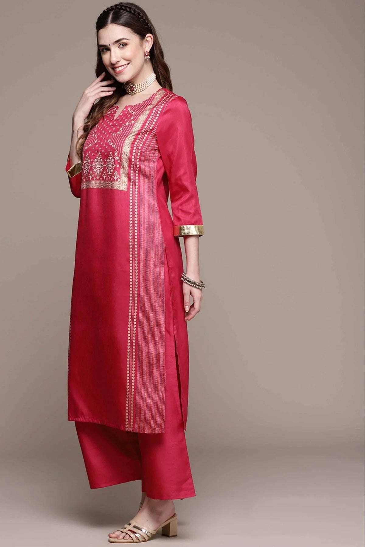 Pink Colour Poly Silk Foil Print Kurta With Palazzo KR1060029 B