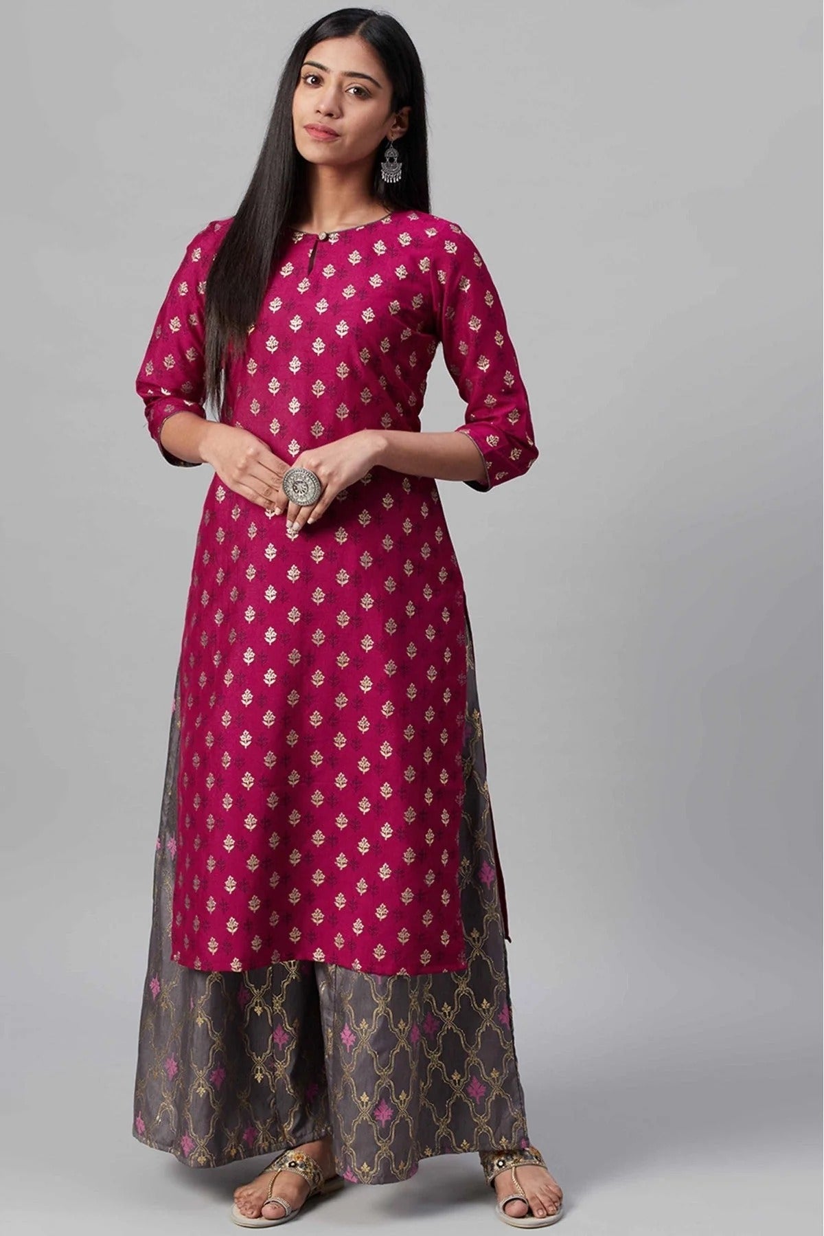 Pink Colour Poly Silk Foil Print Kurti KR1060252