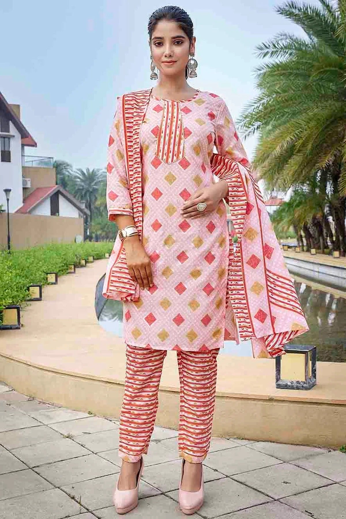 Pink Colour Printed Cotton Blend Pant Style Suit SS1113466