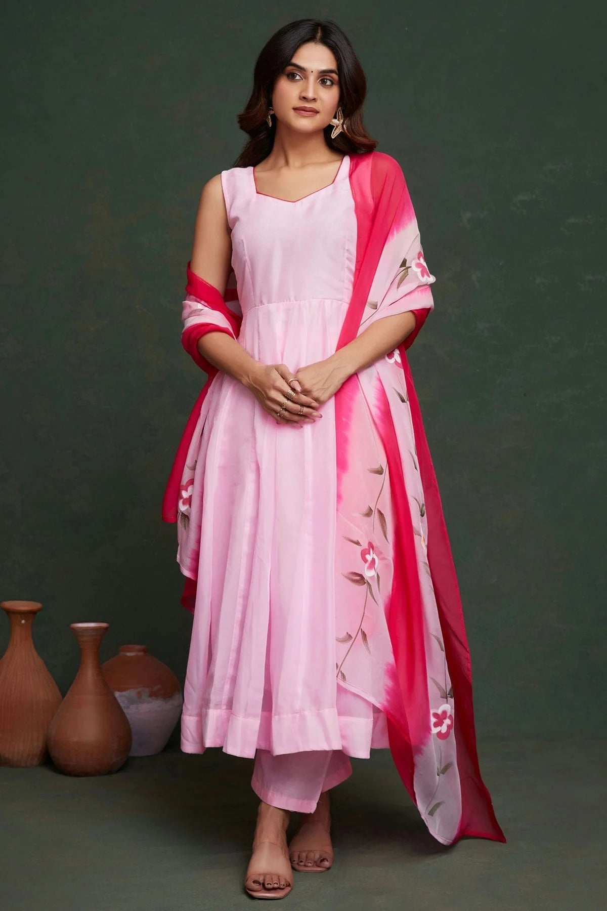 Pink Colour Printed Viscose Organza Stitched Suit SS1112465