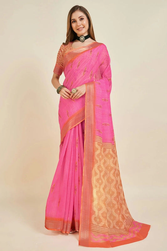 Pink Colour Printed Work Linen Saree SD1101880