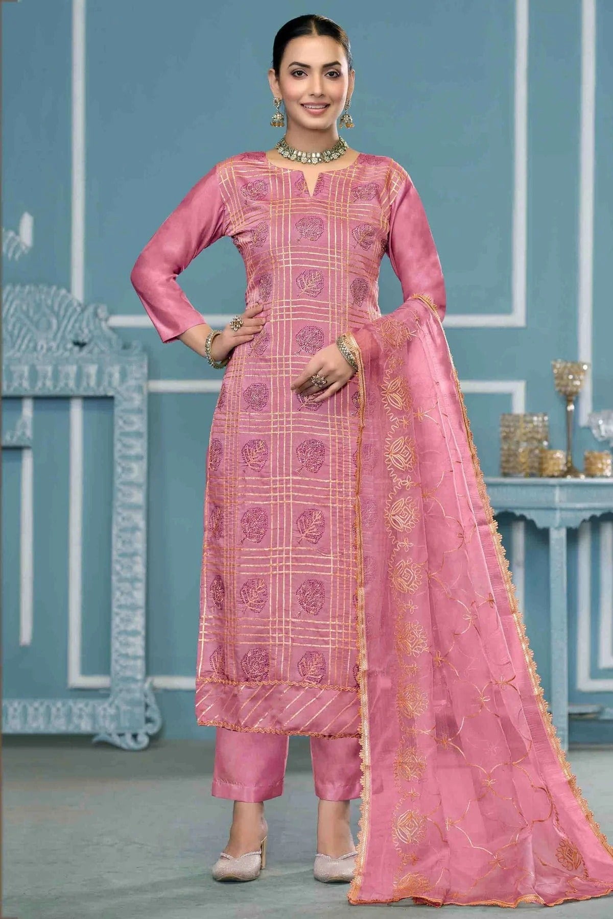 Pink Colour Roman Cotton Pant Style Suit SM1113270
