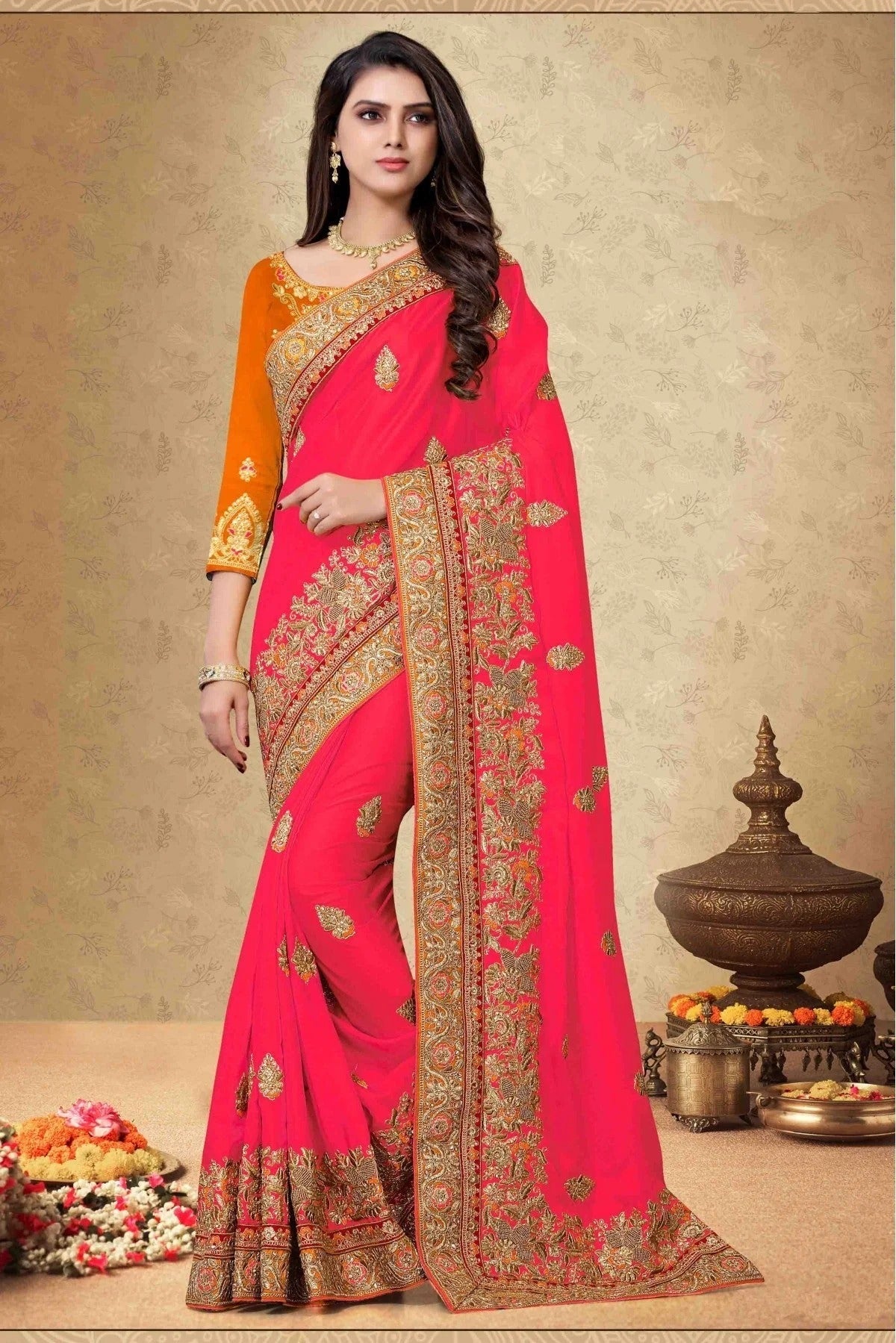 Pink Colour Satin Georgette Embroidery Saree SD1120065