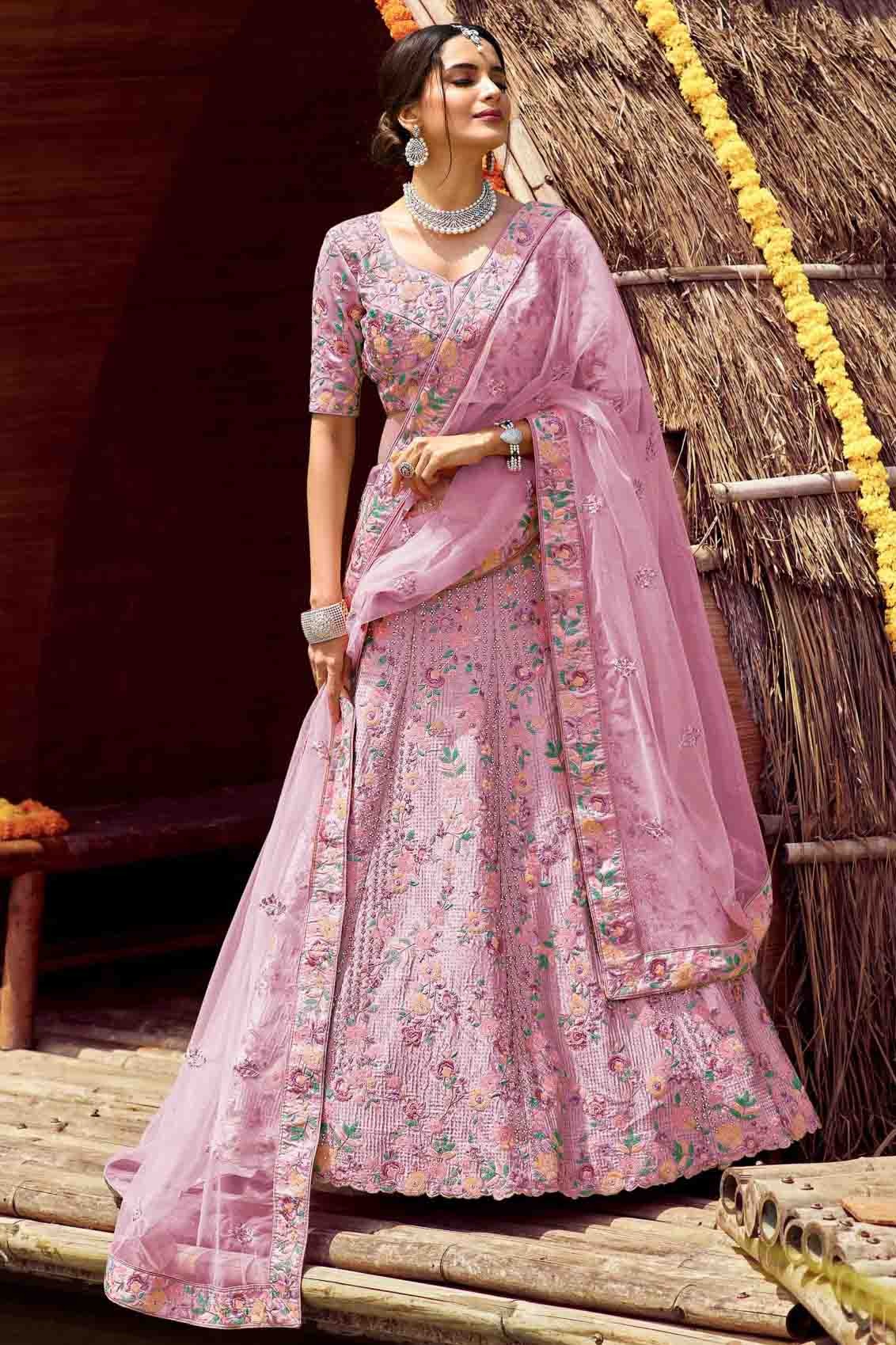 Pink Colour Satin Resham Work Lehenga Choli LC1080127