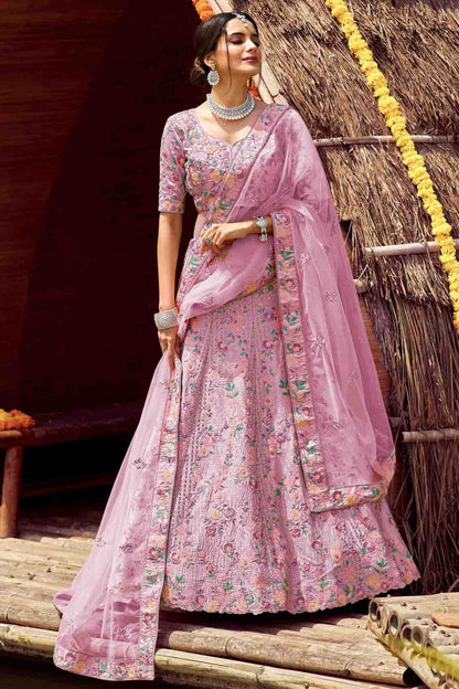 Pink Colour Satin Resham Work Lehenga Choli LC1080127