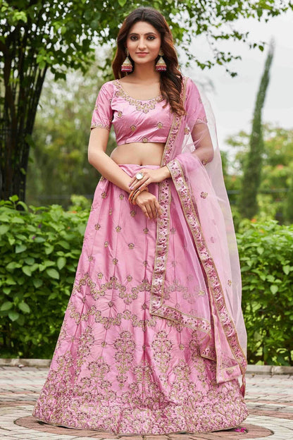 Pink Colour Satin Silk Semi Stitched Lehenga Choli LC1170079