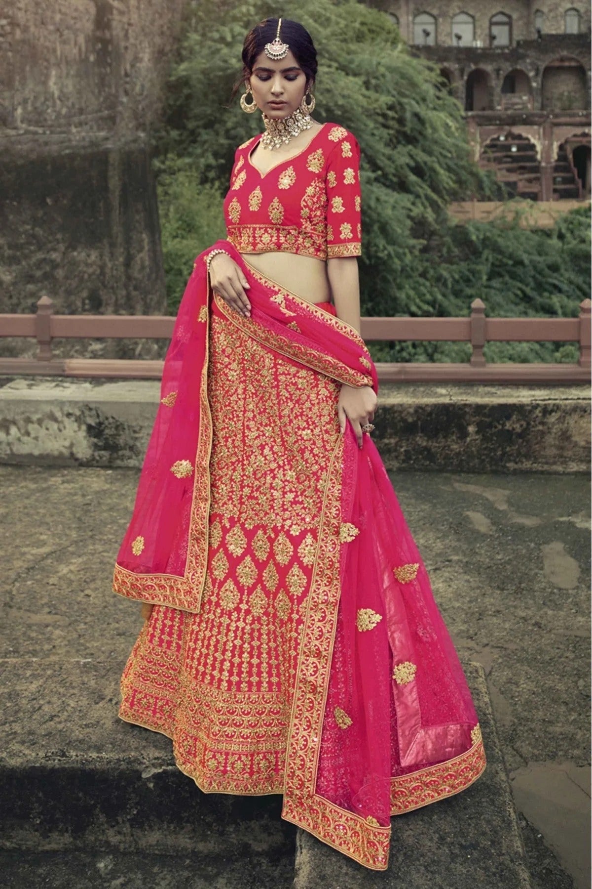 Pink Colour Satin Thread Work Lehenga Choli LC1080338