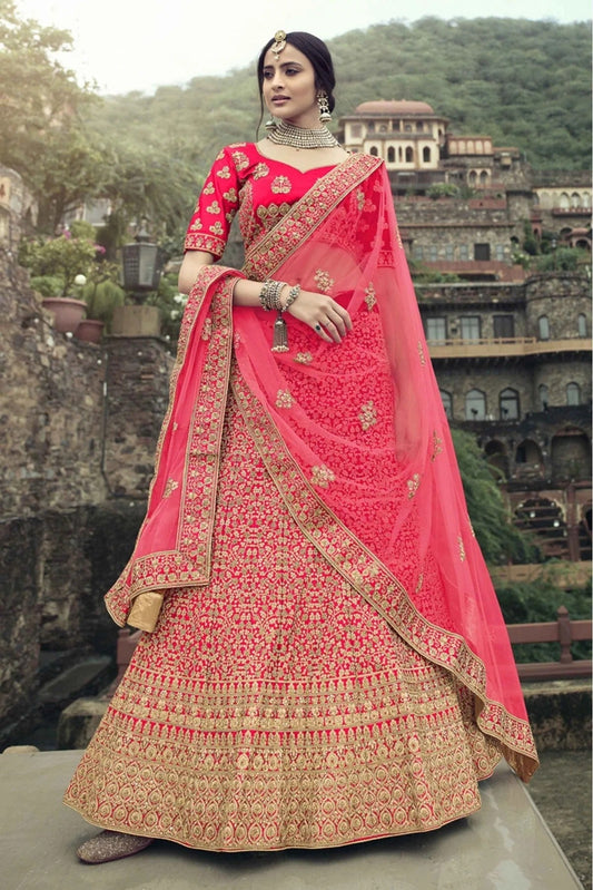 Pink Colour Satin Thread Work Lehenga Choli LC1080350