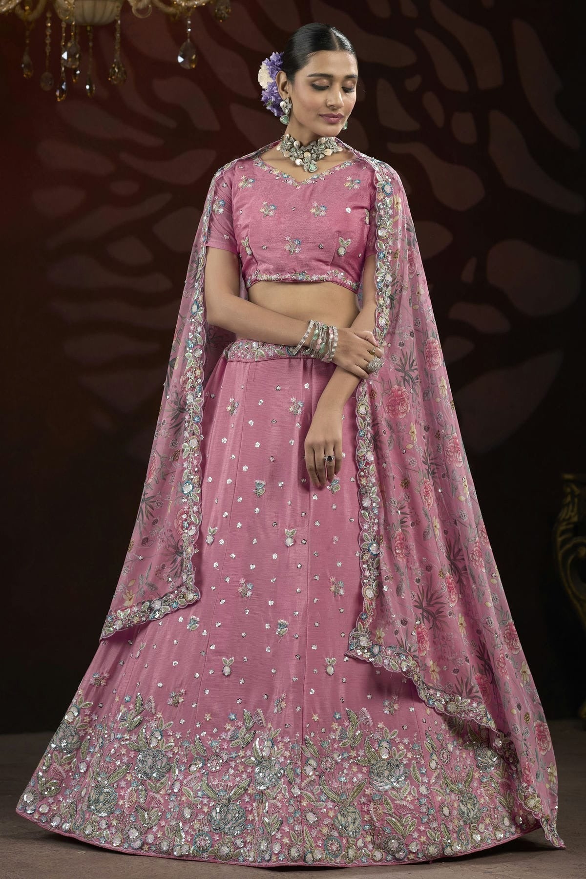 Pink Colour Semi Stitched Chinon Lehenga Choli LC1112517