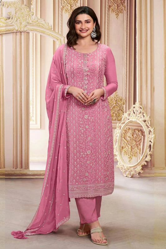 Pink Colour Semi Stitched Chinon Silk Pant Style Suit SM1140212