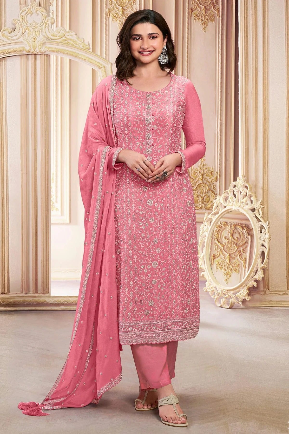 Pink Colour Semi Stitched Faux Georgette Pant Style Suit SM1140285