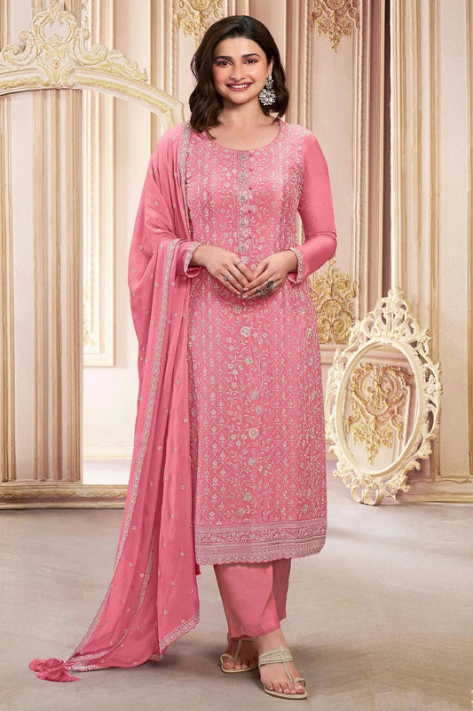 Pink Colour Semi Stitched Faux Georgette Pant Style Suit SM1140285
