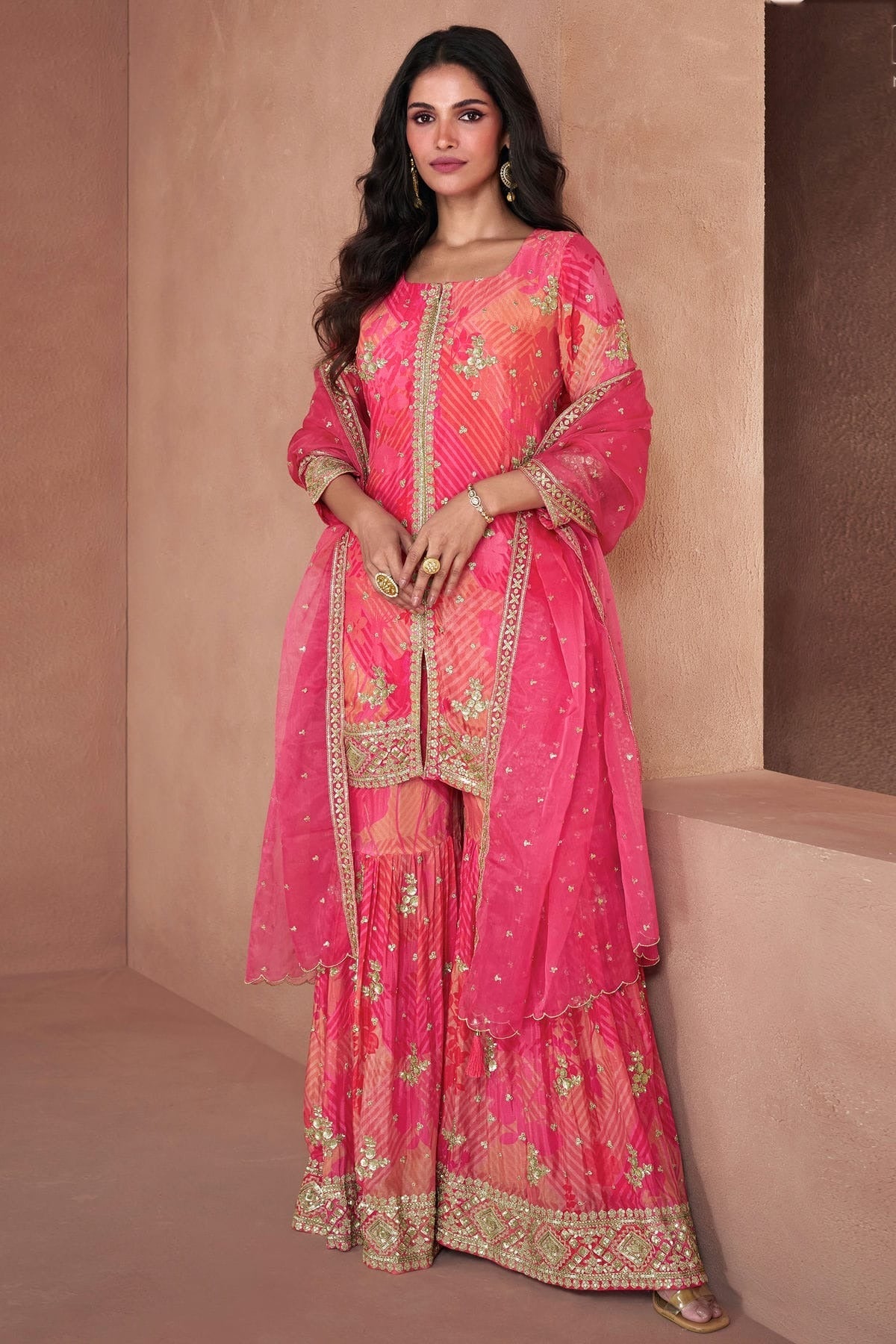 Pink Colour Semi Stitched Faux Georgette Sharara Suit SM1140380