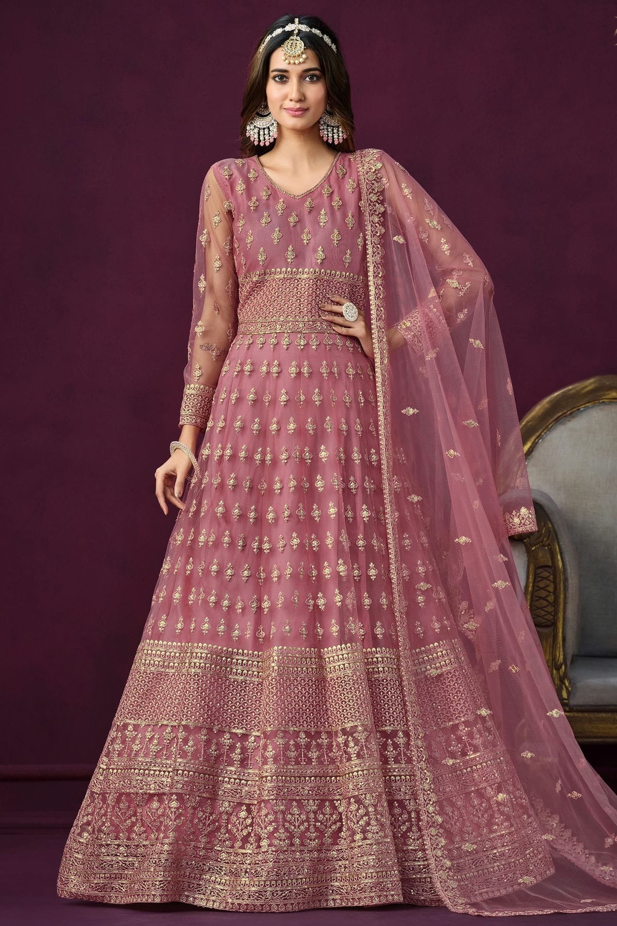 Pink Colour Semi Stitched Net Anarkali Suit SM1050436