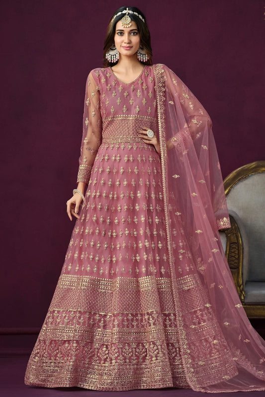 Pink Colour Semi Stitched Net Anarkali Suit SM1050436