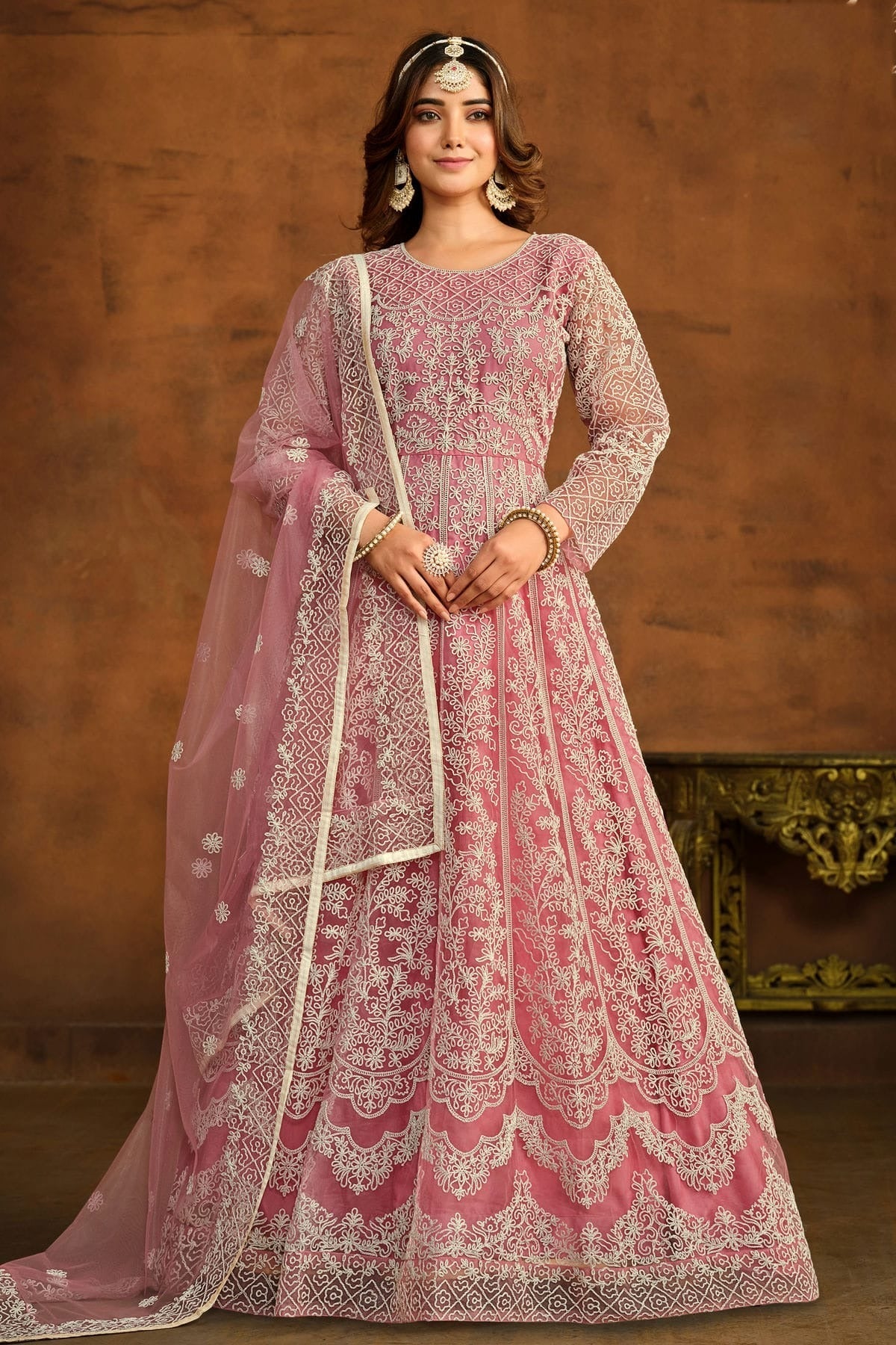 Pink Colour Semi Stitched Net Anarkali Suit SM1050443