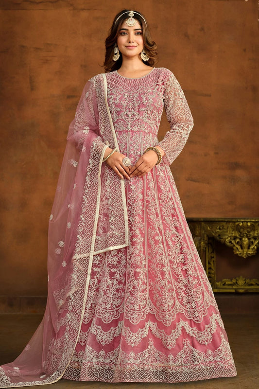 Pink Colour Semi Stitched Net Anarkali Suit SM1050443