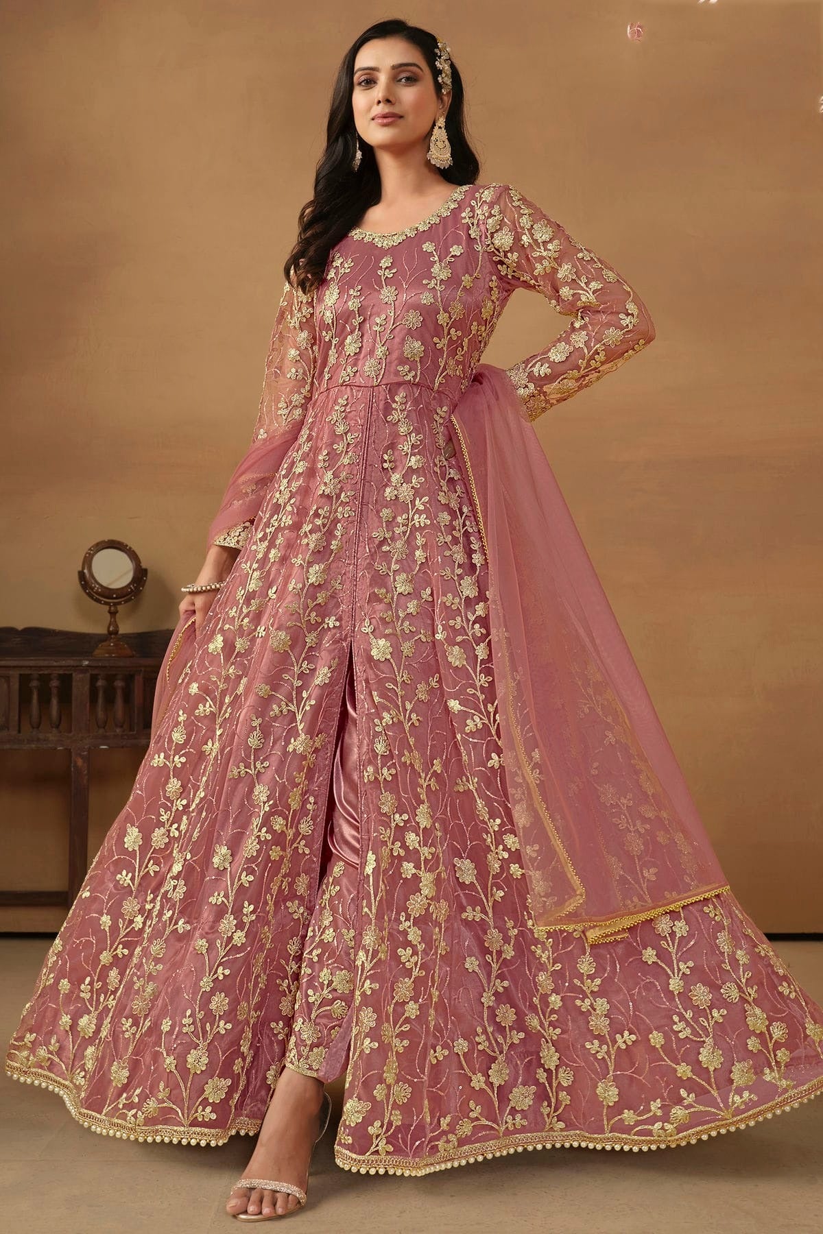 Pink Colour Semi Stitched Net Pant Style Suit SM1050469