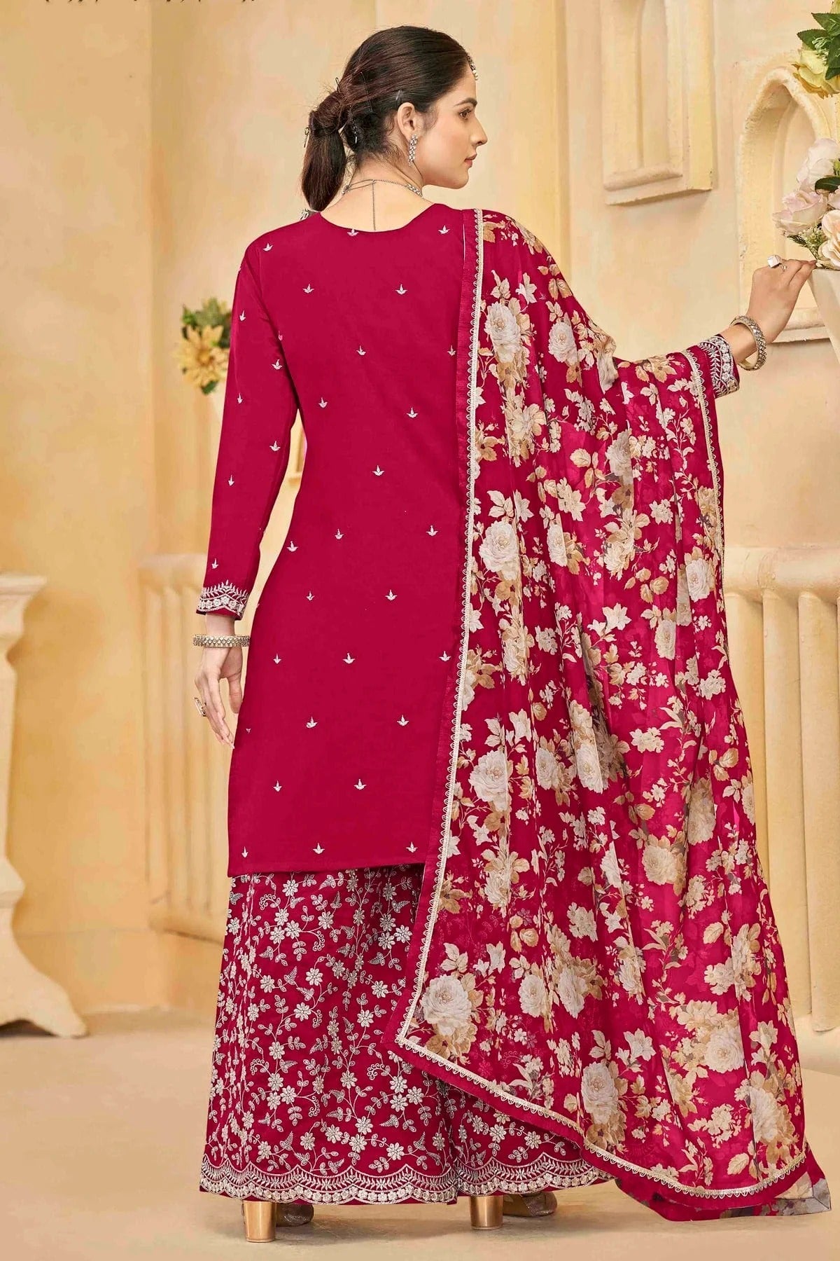 Pink Colour Semi Stitched Roman Silk Palazzo Pant Suit SM1050746 A