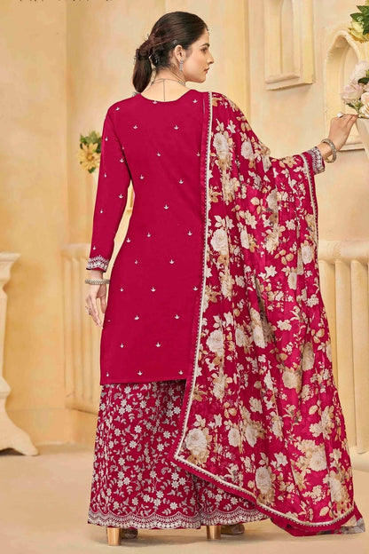 Pink Colour Semi Stitched Roman Silk Palazzo Pant Suit SM1050746 A