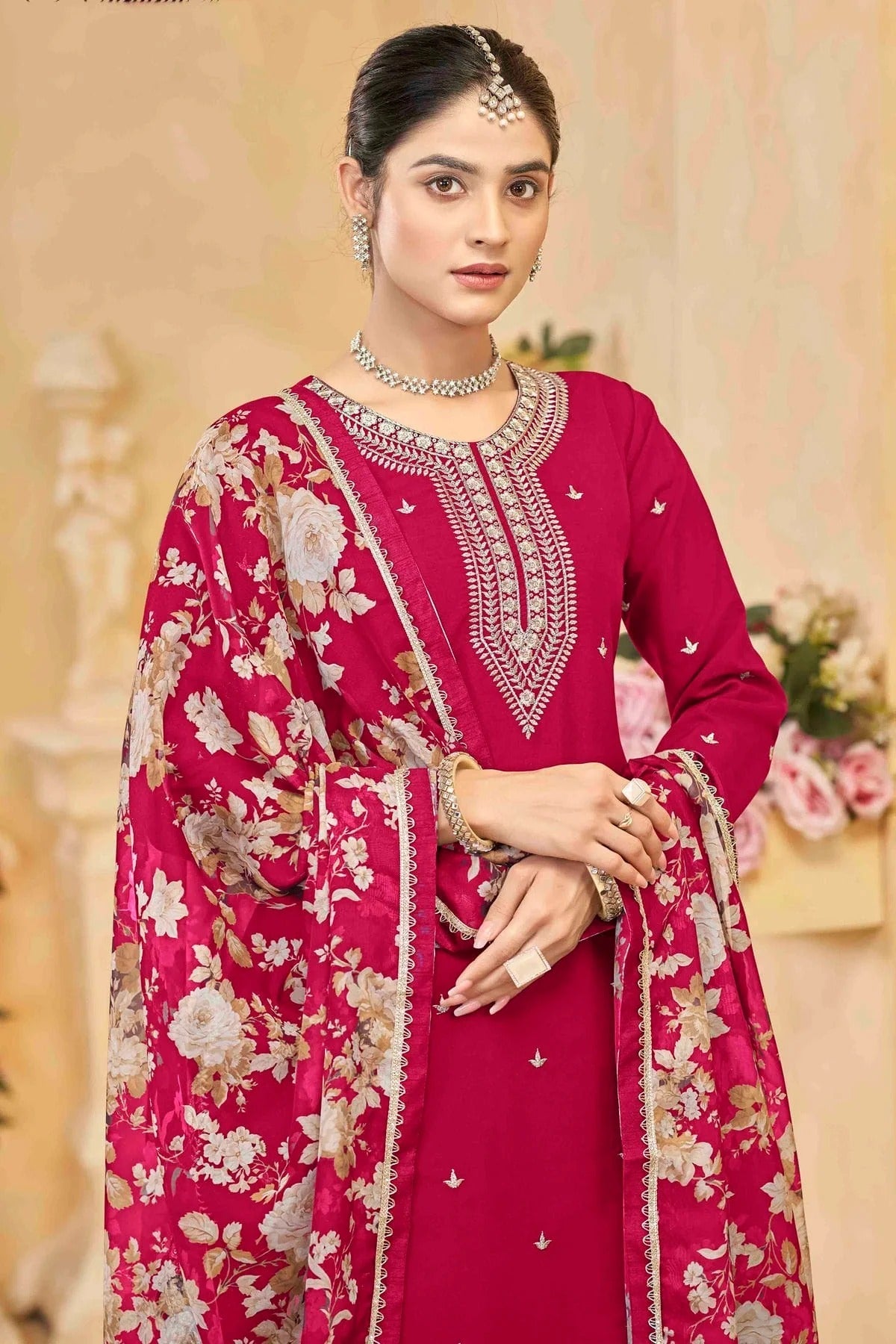 Pink Colour Semi Stitched Roman Silk Palazzo Pant Suit SM1050746 B
