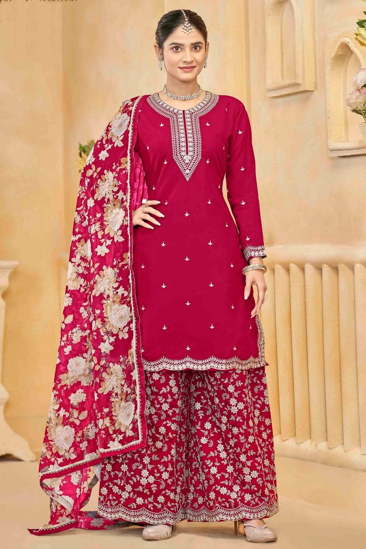 Pink Colour Semi Stitched Roman Silk Palazzo Pant Suit SM1050746