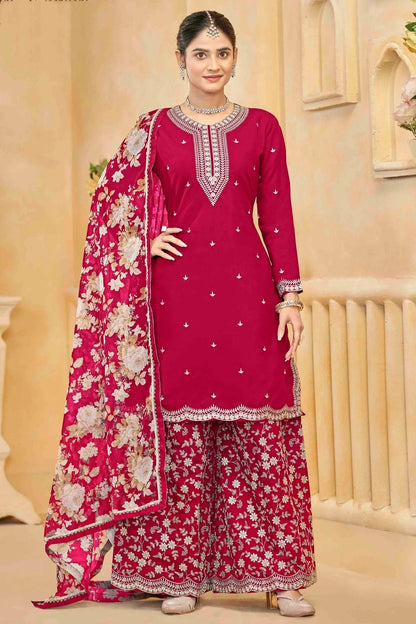 Pink Colour Semi Stitched Roman Silk Palazzo Pant Suit SM1050746