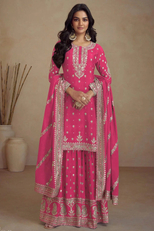 Pink Colour Semi Stitched Silk Palazzo Pant Suit SM1140360