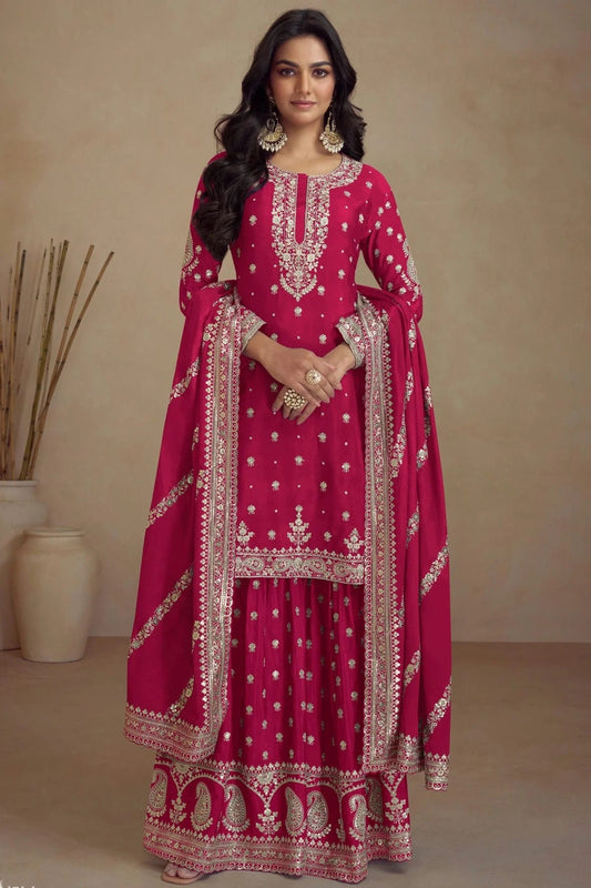 Pink Colour Semi Stitched Silk Palazzo Pant Suit SM1140671