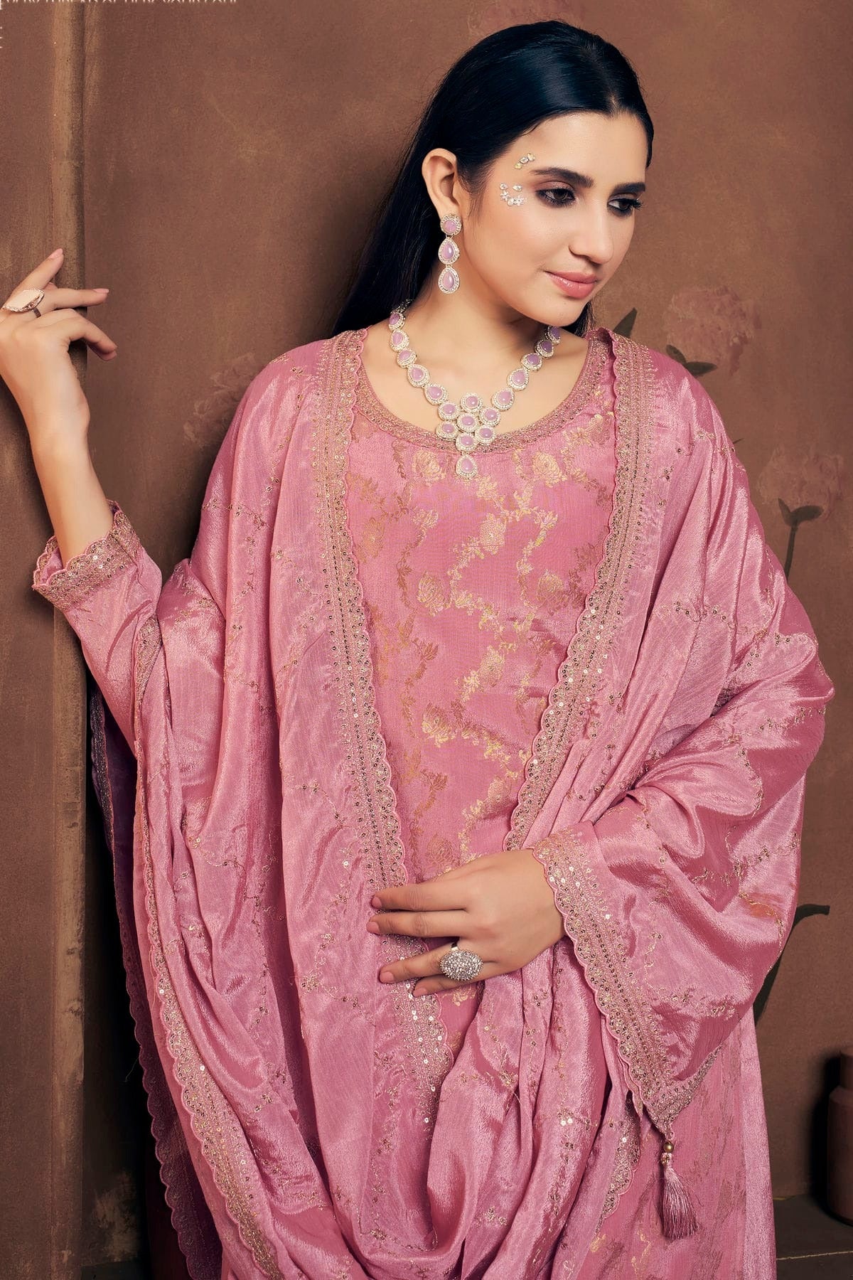 Pink Colour Semi Stitched Viscose Chinon Palazzo Pant Suit SM1140291 A