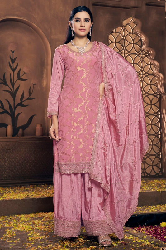 Pink Colour Semi Stitched Viscose Chinon Palazzo Pant Suit SM1140291
