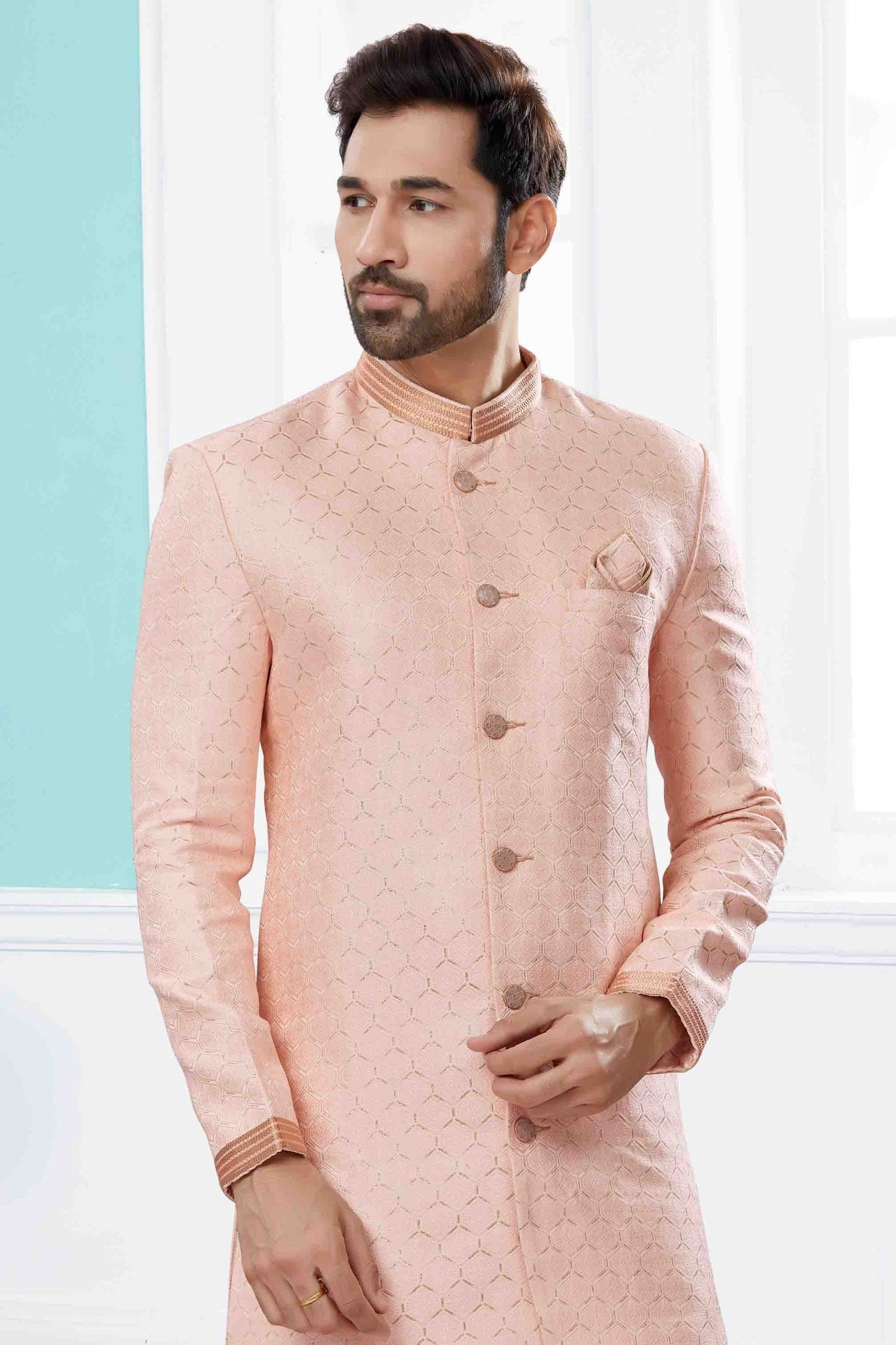Pink Colour Sherwani In Banarasi Jacquard Fabric SH1040414 A