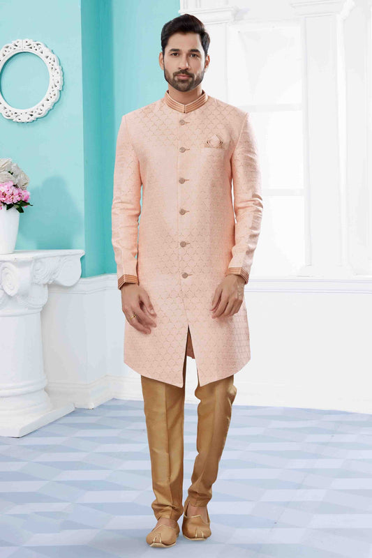 Pink Colour Sherwani In Banarasi Jacquard Fabric SH1040414