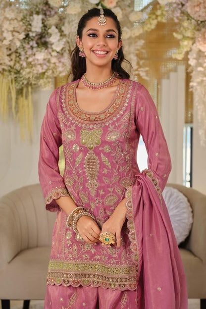 Pink Colour Silk Embroidery Work Palazzo Pant Suit