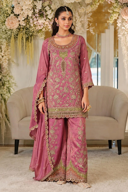 Pink Colour Silk Embroidery Work Palazzo Pant Suit