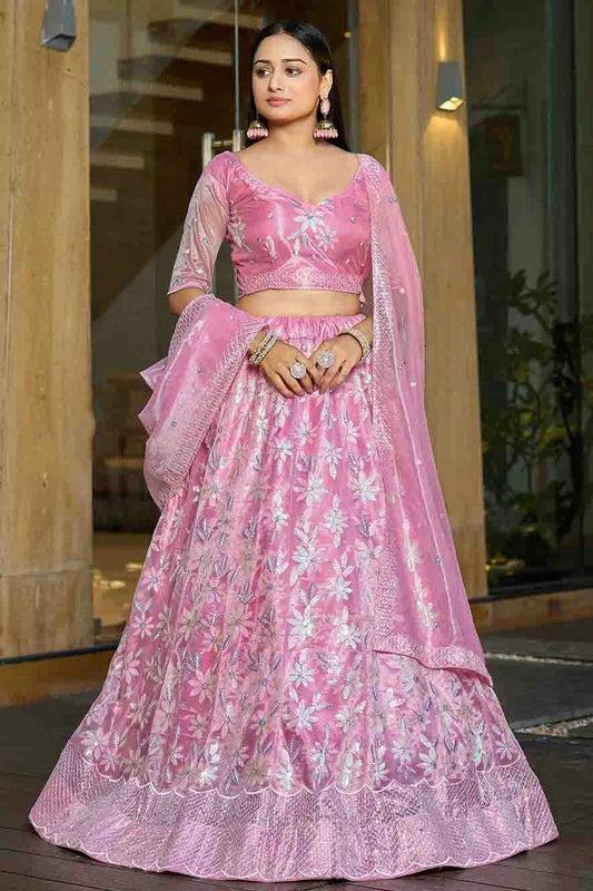 Pink Colour Silk Net Semi Stitched Lehenga Choli LC1170094