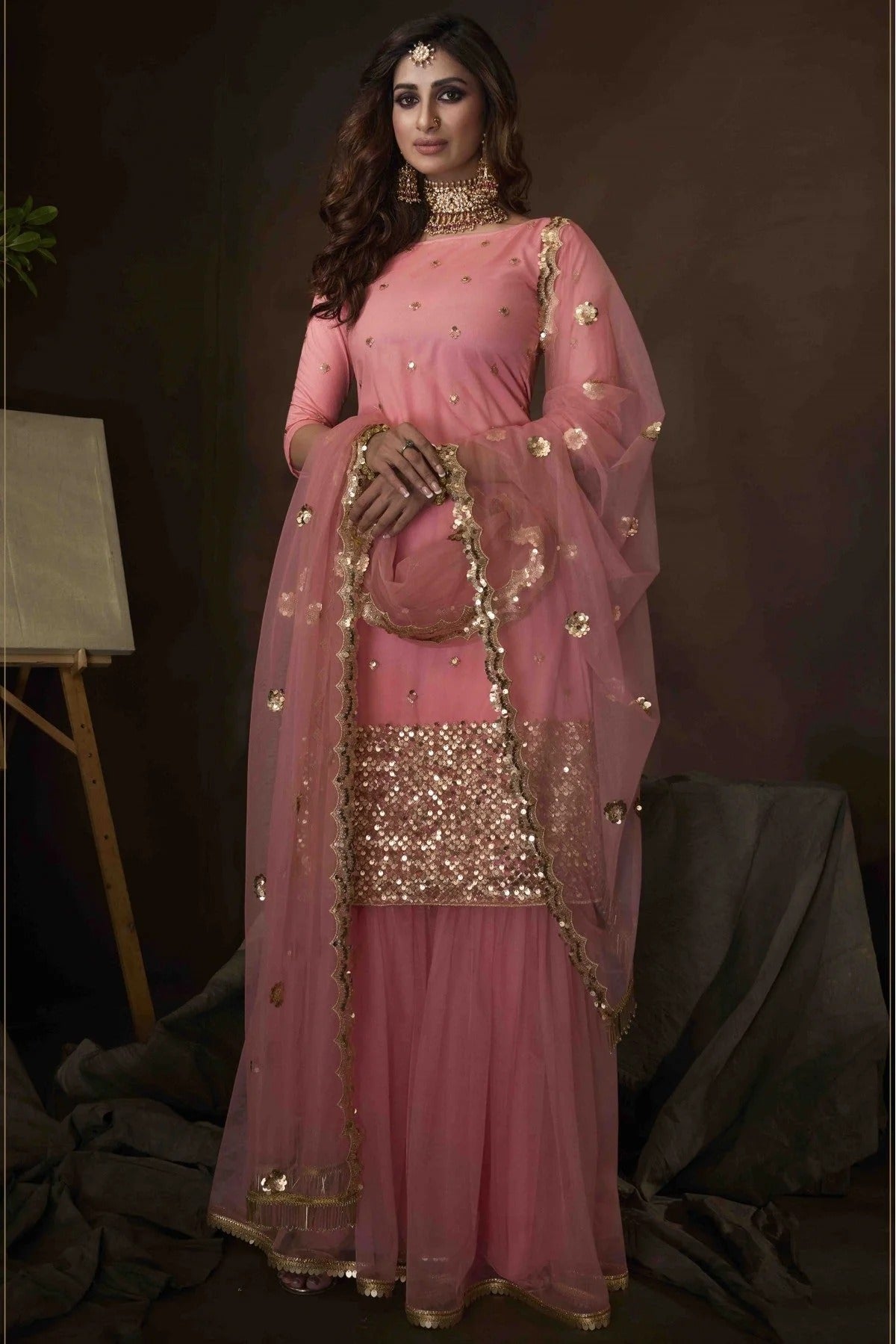 Pink Colour Soft Net Sequins Work Sharara Suit SM1080635