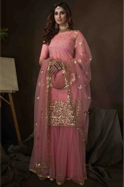 Pink Colour Soft Net Sequins Work Sharara Suit SM1080635