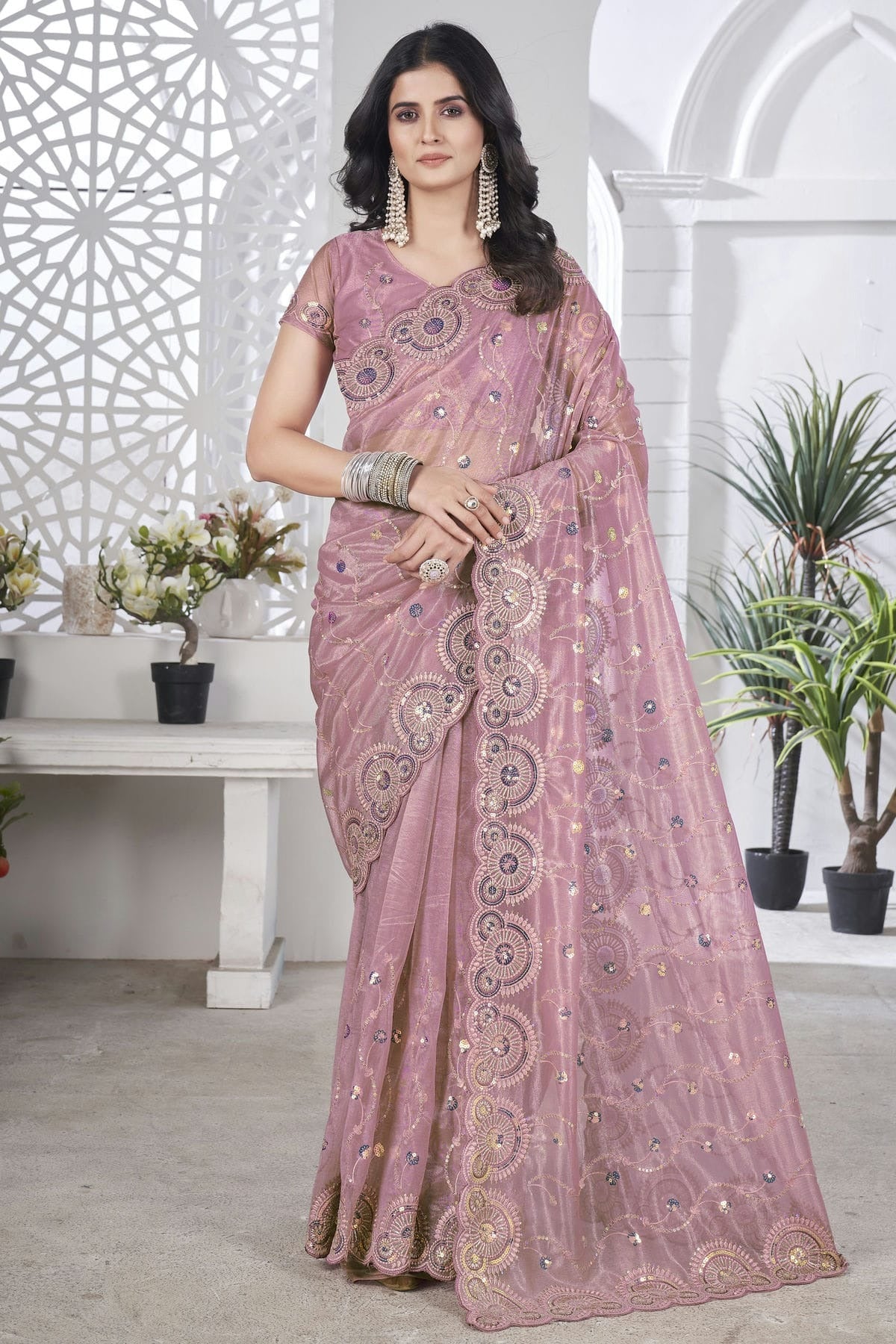 Pink Colour Tissue Net Designer Saree SD1112587
