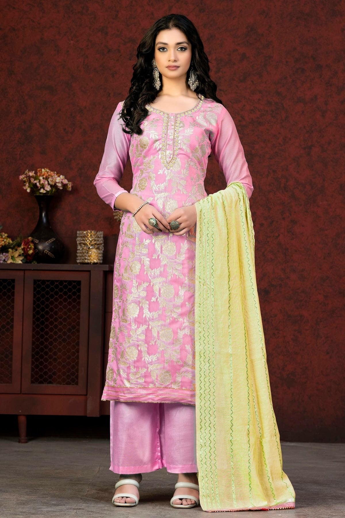 Pink Colour Unstitched Banarasi Jacquard Fabric Straight Suit US1160891