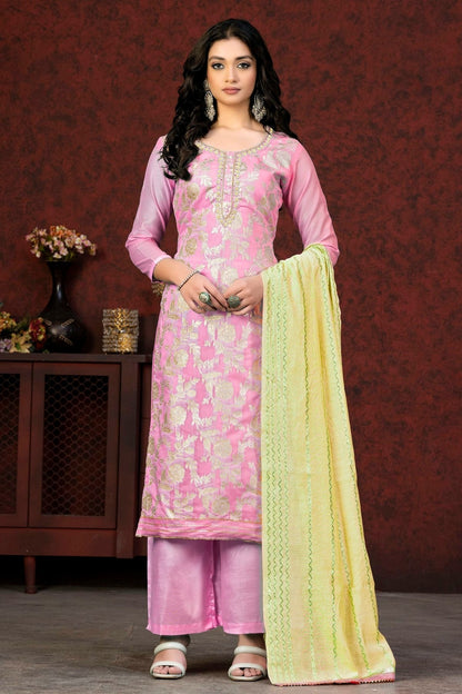 Pink Colour Unstitched Banarasi Jacquard Fabric Straight Suit US1160891