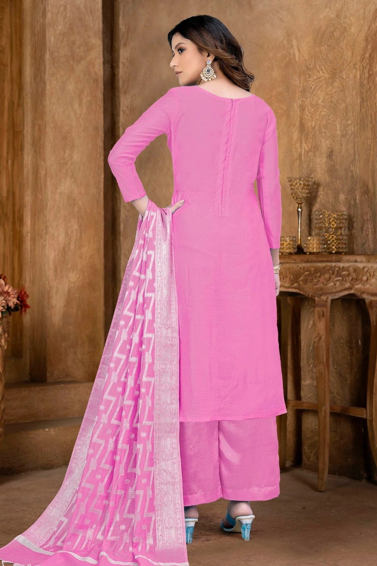 Pink Colour Unstitched Banarasi Jacquard Palazoo Pant Suit US1161364 A
