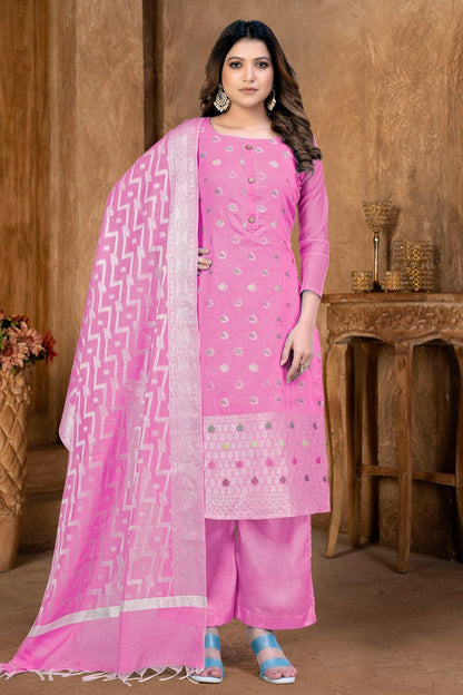 Pink Colour Unstitched Banarasi Jacquard Palazoo Pant Suit US1161364