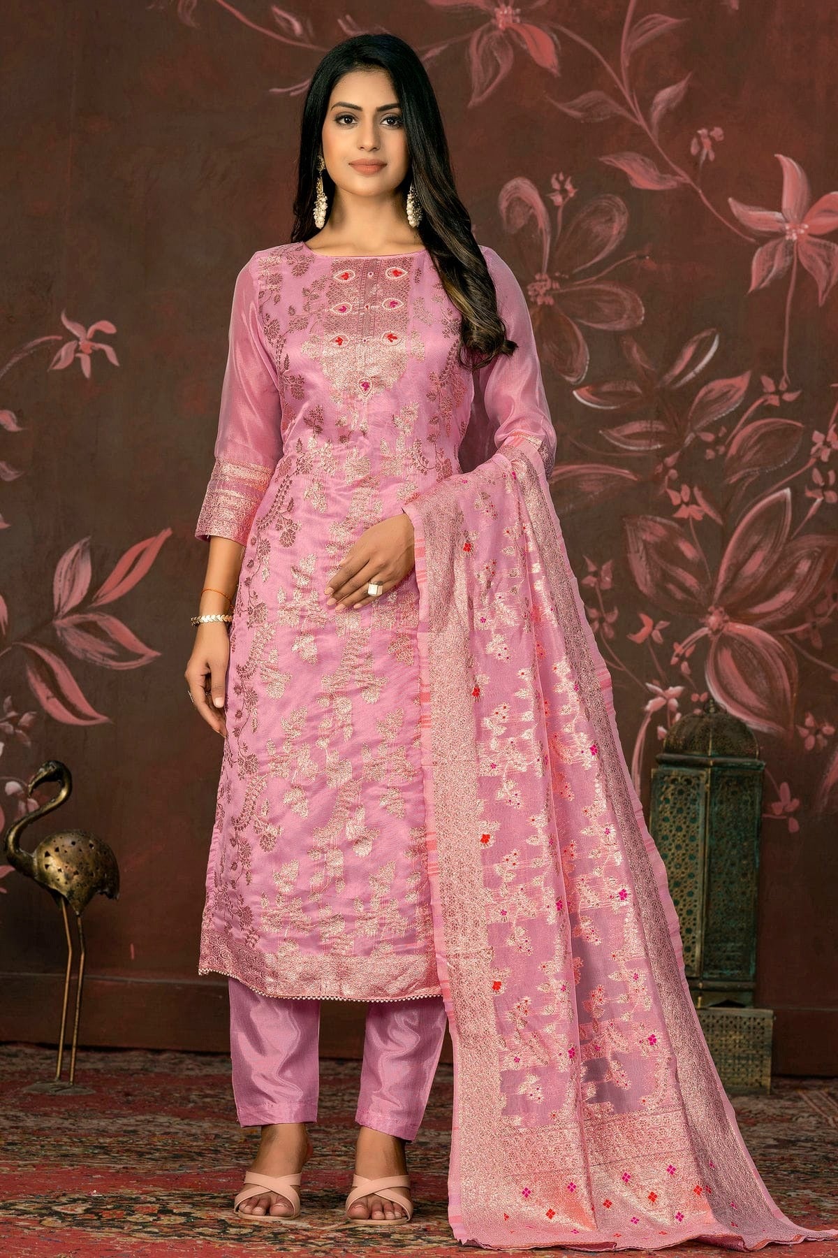 Pink Colour Unstitched Banarasi Jacquard Straight Suit US1161304