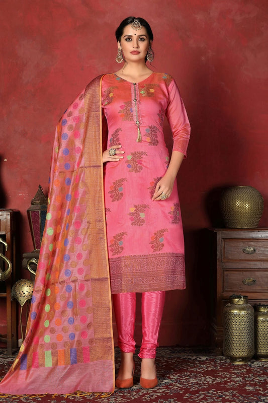 Pink Colour Unstitched Banarasi Silk Churidar Suit US1161295