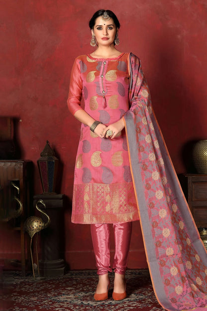 Pink Colour Unstitched Banarasi Silk Churidar Suit US1161356