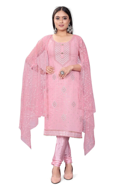Pink Colour Unstitched Chanderi Cotton Churidar Suit US1160704