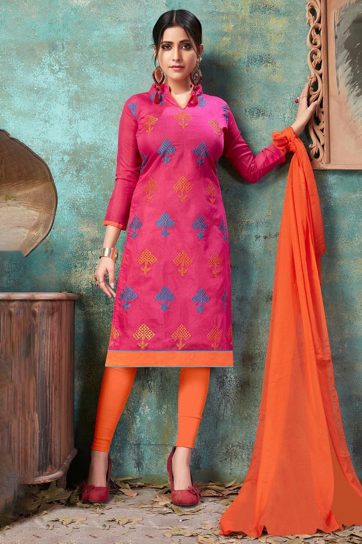 Pink Colour Unstitched Chanderi Cotton Straight Suit US1161198