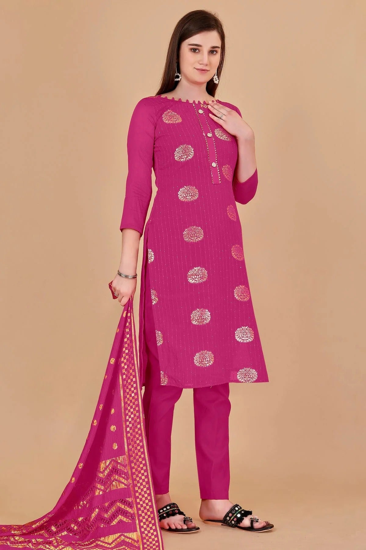 Pink Colour Unstitched Cotton Jacquard Straight Suit US1160876